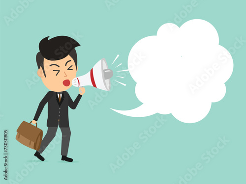 Wallpaper Mural Businessman holding megaphone for speech bubble. Space for text. text box bubble. Business concept. Flat cartoon style. Vector illustration. Torontodigital.ca