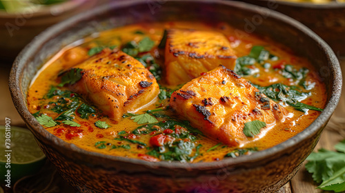 The image of the mangalore fish curry is a fish in coconut sauce with carry leaves and coconut mil photo