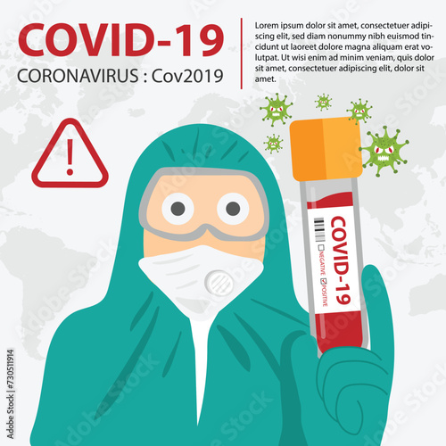 Hand holding by test tube by biochemist. Give Covid-19 is name coronavirus in test tube containing blood that tested positive. Vector illustration on blue background.