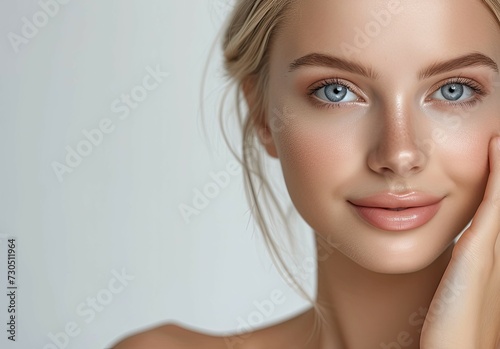 Blond woman model with beautiful hydrated skin touching face after shower