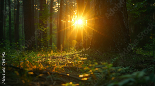 The peacefulness of the forest is amplified by the radiant glow of the setting sun. photo