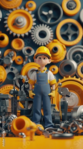 Cartoon digital avatars of Garage Guru Surrounded by various car parts and tools while wearing a mechanics uniform.