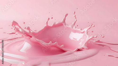 Close up splash of pink milk and white background, strawberry milk. 3d illustration, rose Paint.  #730512198