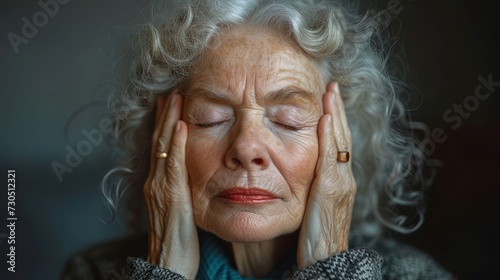 An elderly lady with migraine, being isolated on a white background, experiences stress, feels painful sensations and fat