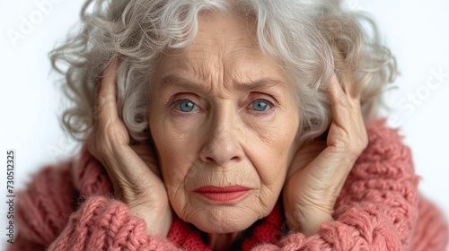 An elderly woman with migraine, isolated on a white background, looks tense, sick and tir
