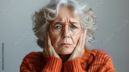 An elderly woman with migraine, isolated on a white background, experiences stress, feels sick and t © JVLMediaUHD