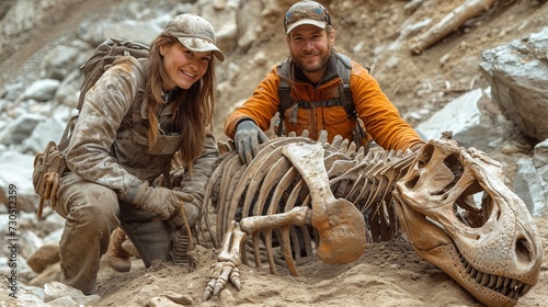 A couple of paleontologists remove dirt from a recently discovered skeleton of a dinosau photo
