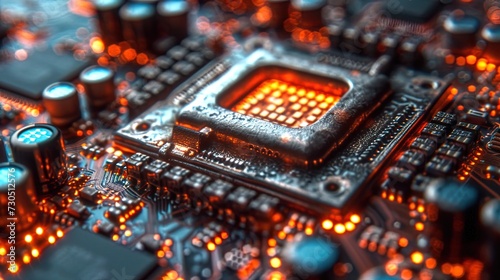 Innovative technological chip with built AI, working with a processor, a network and a comp