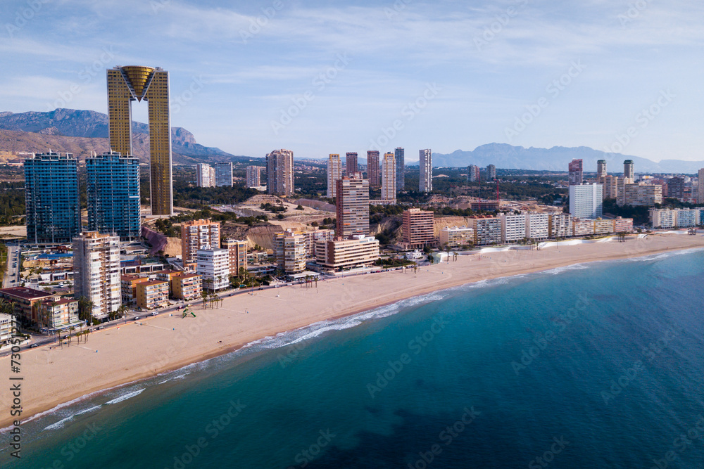 Aerial view of sand beach and city Benidorm, Spain