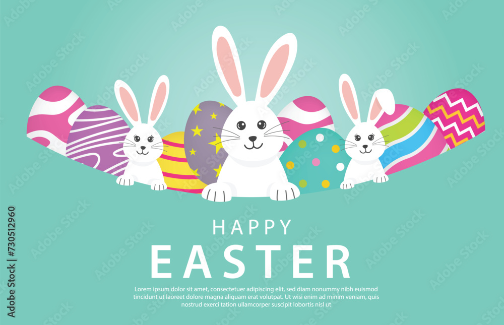 Happy Easter Day banner 3 rabbit and bunny on blue background. Greeting card and poster vector illustration. Happy Easter Day banner 3 rabbit and bunny on blue background. Greeting card and poster vector illustration.