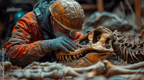The remains of the ancient skeleton of the dinosaur, the archaeologist carefully cleans the bones from the s