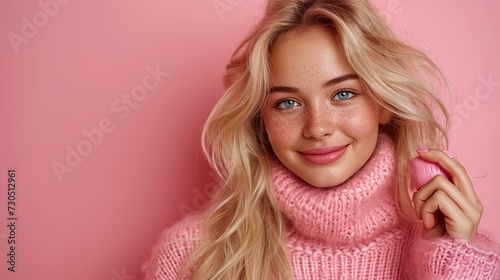 The teenage girl blonde holds a hairdryer over an isolated pink background, pointing to the side to demonstrate the produ © JVLMediaUHD