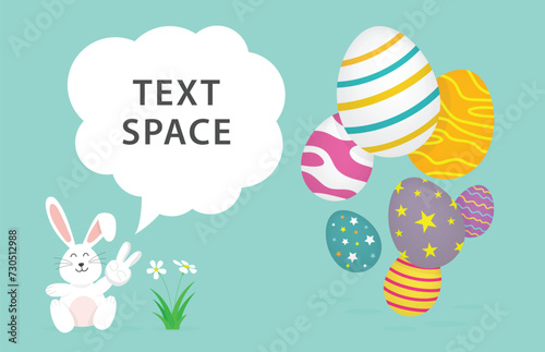 Happy Easter Day banner rabbit sitting on eggs sweet and kid style on blue background. Greeting card and poster vector illustration. text space. © Gridsadaarm