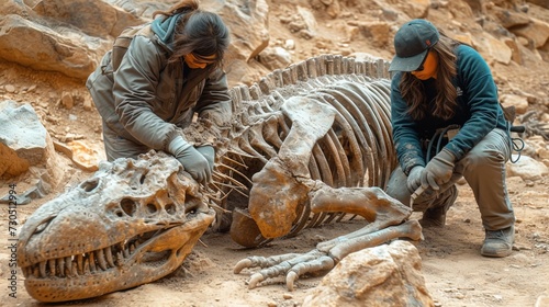 Two paleontologist clean the just discovered skeleton of a dinos