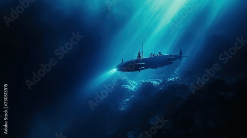 A lone submarine ventures into the blue abyss, a symbol of marine discovery