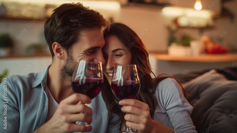 Couple in love drinking wine at home, marriage and valentines concept Couple in love drinking wine at home, marriage and valentines concept