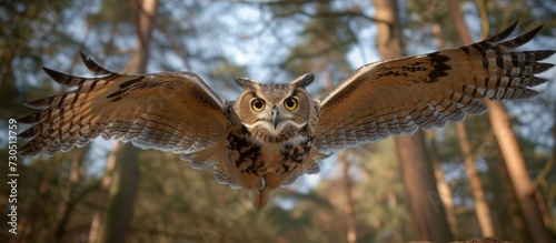 Photo of a Eurasian Eagle Owl flying with wings spread in a forest, captured with a wide-angle lens.