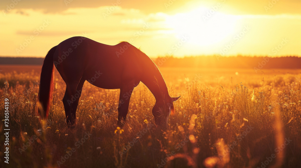 The silhouette of a lone horse grazing in a field is an idyllic scene in the peaceful countryside at dusk. - obrazy, fototapety, plakaty 