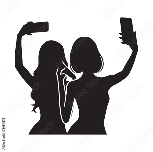 Women taking selfie pose.  talking on mobile phone. Set of women taking selfie silhouette vector illustration.