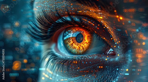 The closeup of the human eye with elements of the virtual hologram interface for observation and digital personality verification or for Lasikoperations for visi © JVLMediaUHD