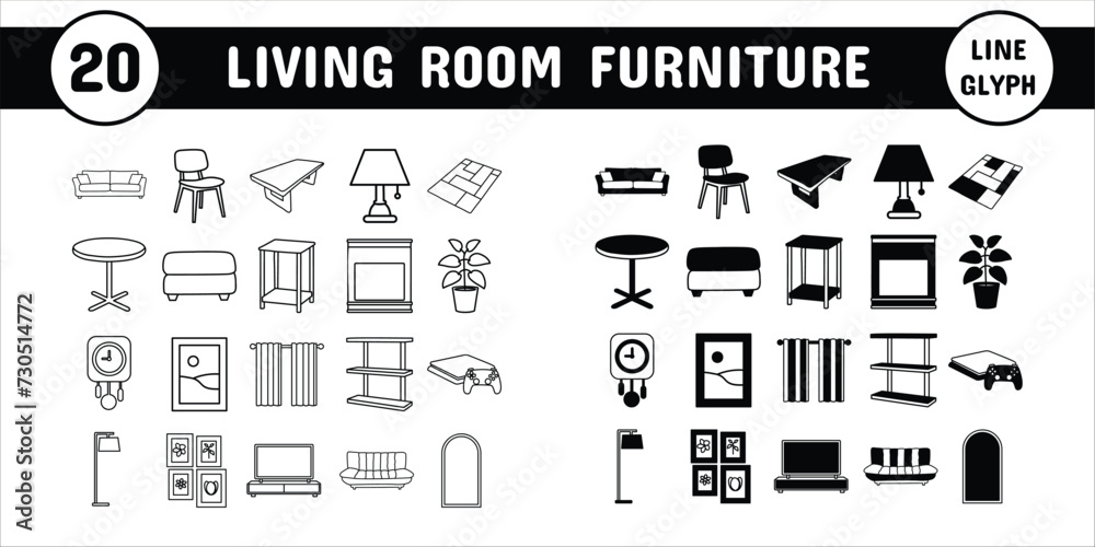 Living Room Furniture Line Glyph Vector Illustration Icon Sticker Set Design Materials