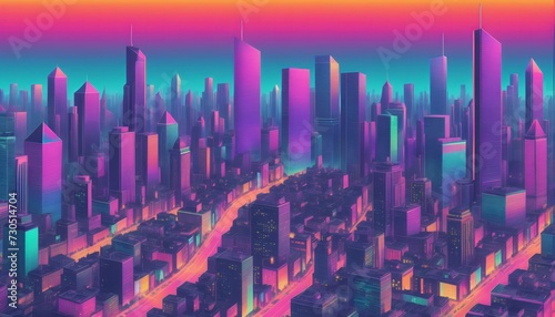 Isometric and color illustration of a big city with skyscrapers and in the style of the eighties