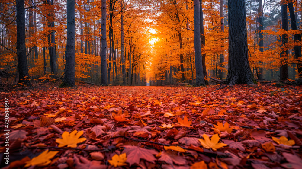 Autumn forest with golden, orange and red leaves covering the earth ...