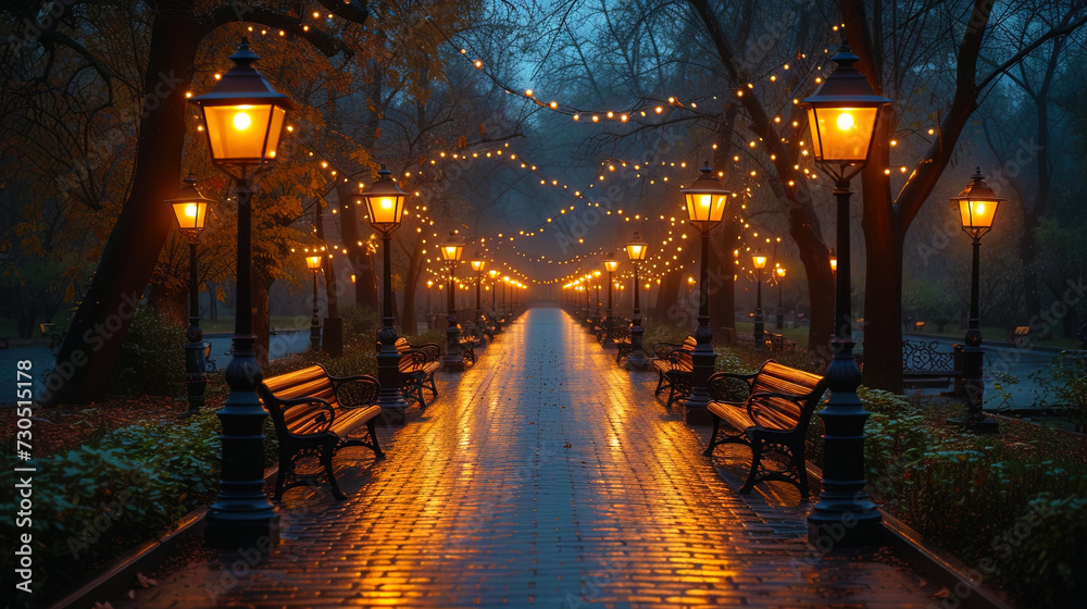 A night street scene with many luminous lamps, creating a cozy atmosphere in a city p - obrazy, fototapety, plakaty 
