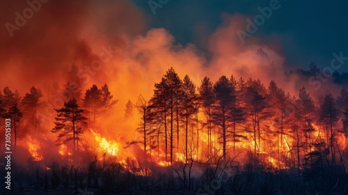Image of a summer wildfire in a forest  with flames and smoke rising against a clear sky. 