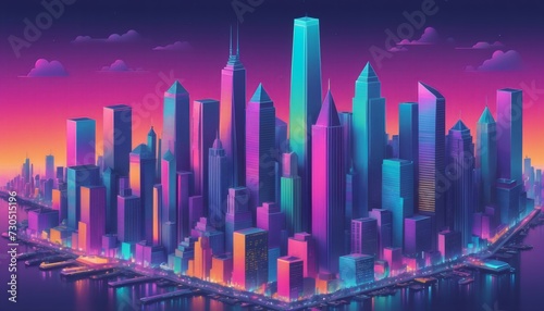 Isometric and color illustration of a big city with skyscrapers and in the style of the eighties © Christoph Burgstedt