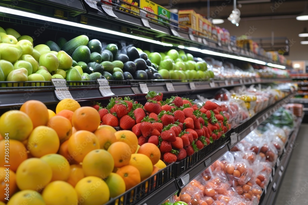Fresh vegetables and fruits in a grocery store with a blurred background