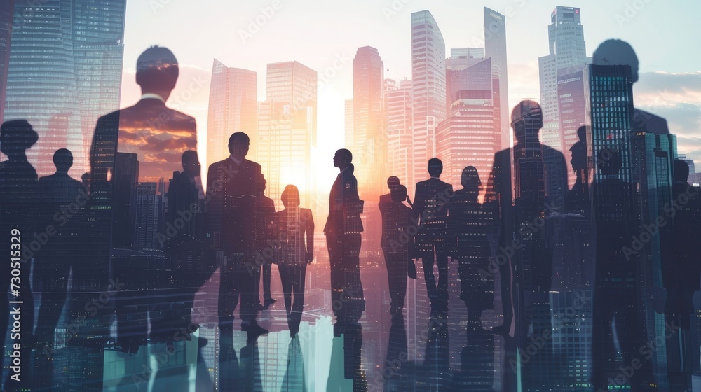 Successful business deal depicted through double exposure image of a city office building with a conference group of business people. - obrazy, fototapety, plakaty 
