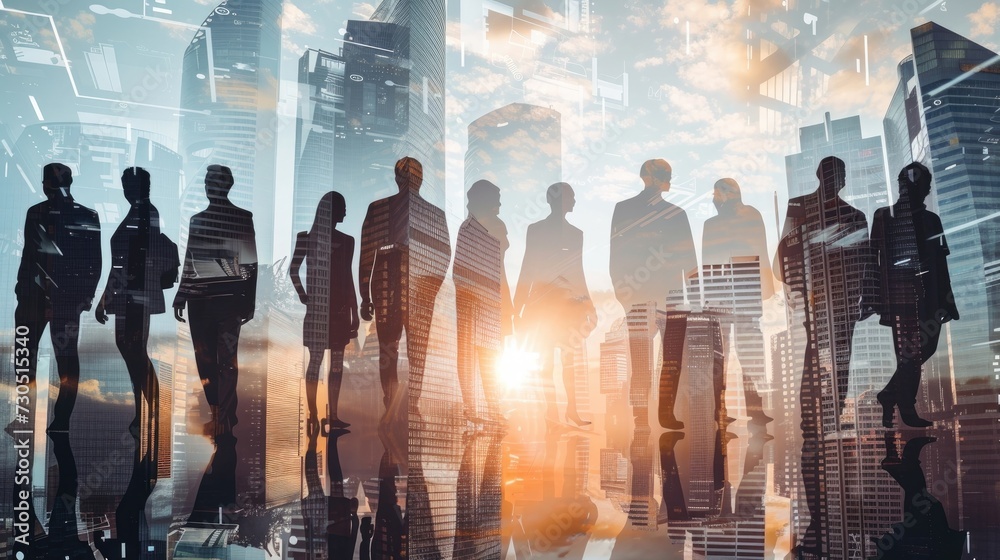 Successful business deal depicted through double exposure image of a city office building with a conference group of business people.