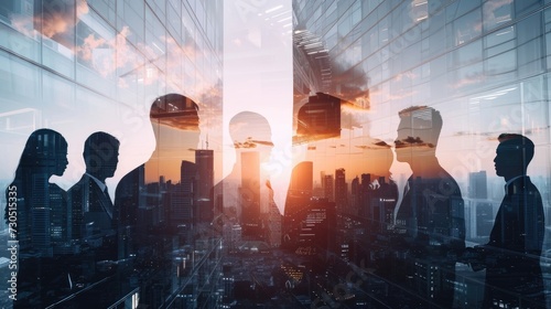Successful business deal depicted through double exposure image of a city office building with a conference group of business people.