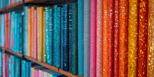 Book shelves, completely filled with colorful books, creating a cozy and cultural atmosp