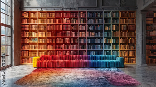 Book shelves with a variety of books arranged in color or size, creating a harmonious visual ord photo