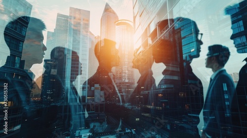 Successful business deal depicted through double exposure image of a city office building with a conference group of business people. photo