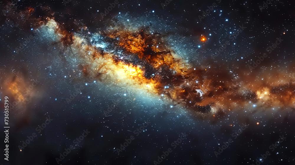 The panorama of the Galactic Center, where foggy clouds and star clusters form an exciting view of the galax