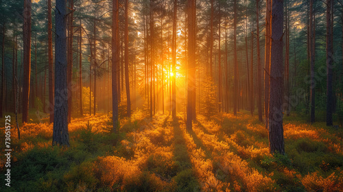 The landscape of the forest in golden shades of sunset  where the sun s rays penetrate the foliage of trees  creating a cozy atmosphe