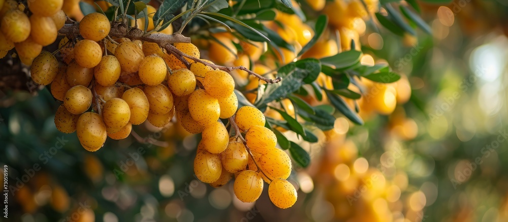 Yellow dates are suspended on a tree.