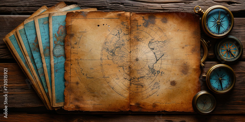 Traveler background with a variety of geographical elements, such as cards, compasses and vintage pho