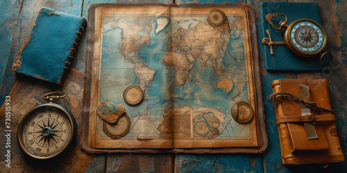 Traveler background with a variety of geographical elements, such as cards, compasses and vintage photo
