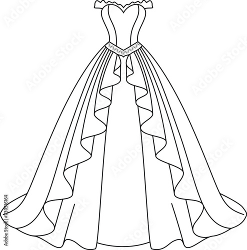 Coloring page of a princess dress for kids. Fashion illustration colouring book 