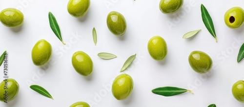 Fresh ripe olives fruit with water drops and green leaves isolated on white background. AI generated