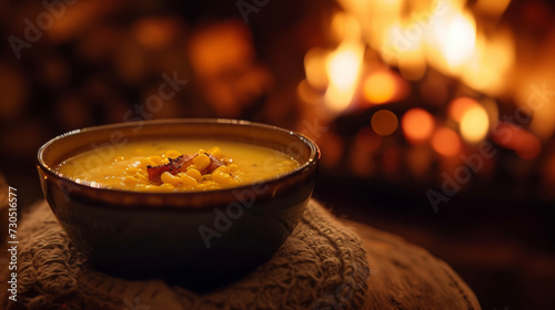 Taste the essence of a cozy night in with a bowl of fireside corn chowder made with creamy broth sweet corn and a touch of savory bacon all slowsimmered by the fire. photo