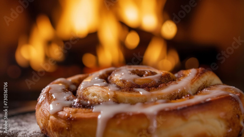 A closeup shot of a cinnamon roll still warm from the oven with the perfect balance of fluffy dough gooey filling and sticky glaze. In the background the fire crackles and