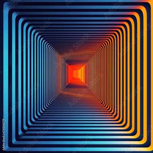 minimalistic Optical Illusion - Infinity Isometric, black white neon blue and orange lines digital landscape of lines and uniformed shapes in striking hues