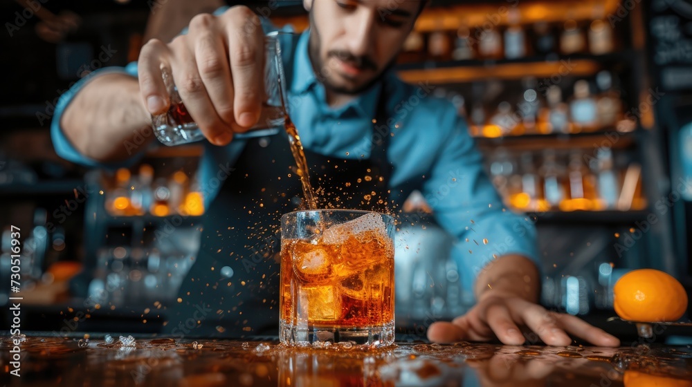 Bartender in black apron and blue shirt mixing whiskey, syrup and ice in cocktail glass at a bar counter