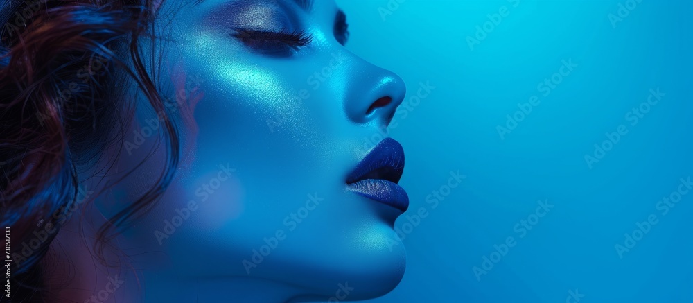 Gorgeous girl with blue makeup in a fashionable and gentle model portrait.