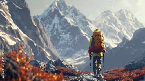 Cartoon digital avatars of Adventure Joe A ruggedlooking hiker with a colorful backpack, standing in front of a majestic mountain range. photo